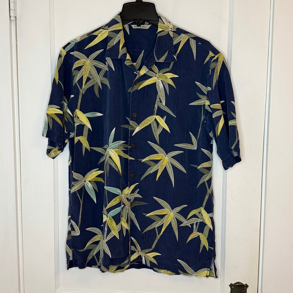 Tommy Bahama Mens Medium Silk Bamboo Print Short Sleeve Camp Shirt Navy Blue